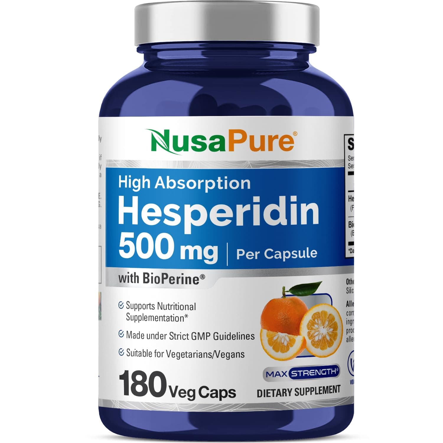 NusaPure Hesperidin 500 mg per Veggie Caps - 180 Capsules (BioPerine, High Absorption, Non-GMO)