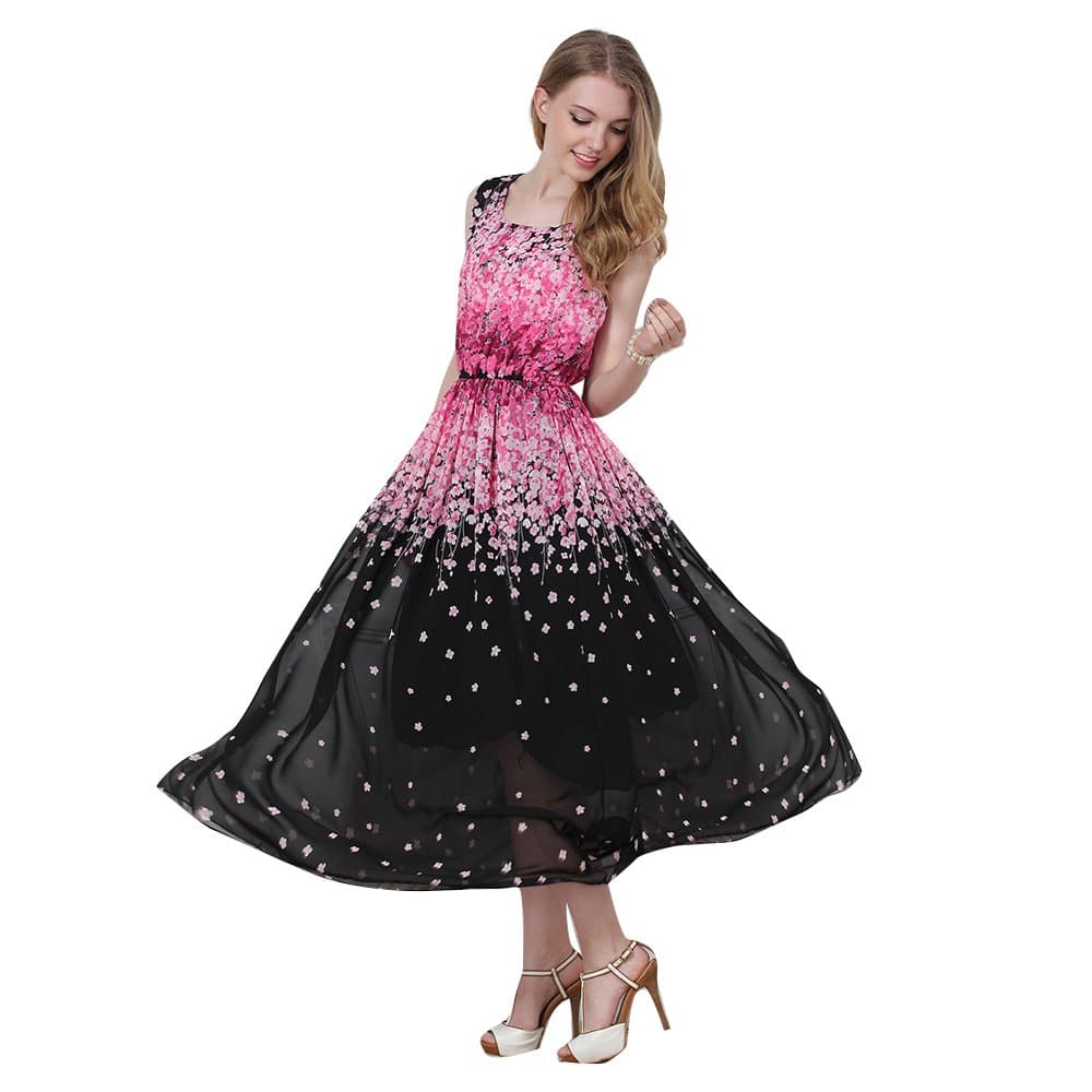 Bohemian Black Batwing Sleeve Flower Printed Belt Dress for Women Plus Size(xxl)