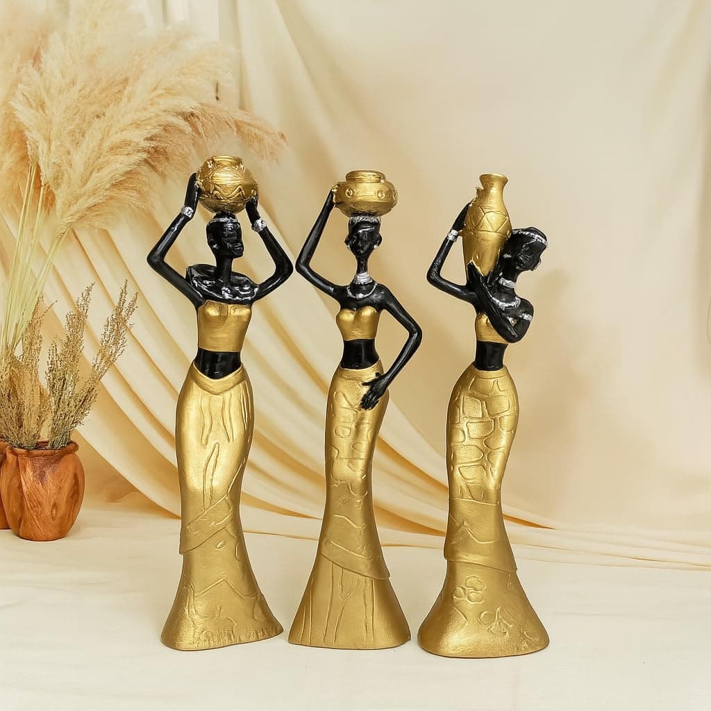 Xtore Beautiful New Golden & Black African Women for Home Decor (Pack of 3, Golden & Black)