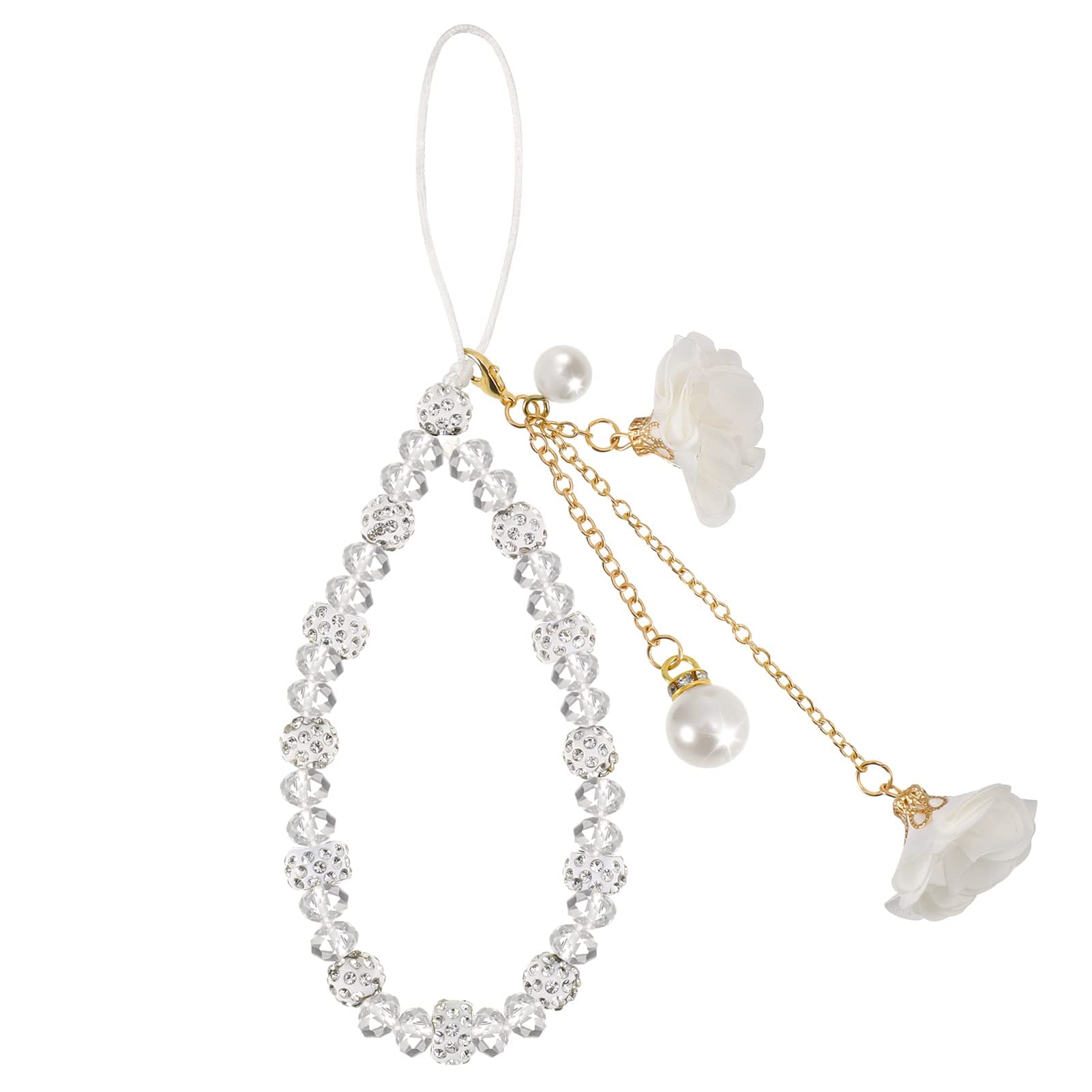 Phone Charm String Chain Strap Cute Keychains Beaded Phone Strap Cell Phone Charms Beaded Lanyard Kawaii Creative Crystal Flower Pendant (White)