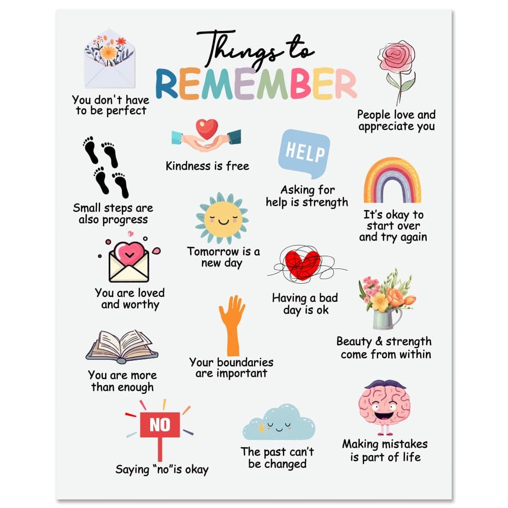 arricraft 1 Piece Things To Remember Poster About Mental Health, Kindness Is Free Therapy Office Decorations Frameless Sun Flower Rainbow Wall Decor