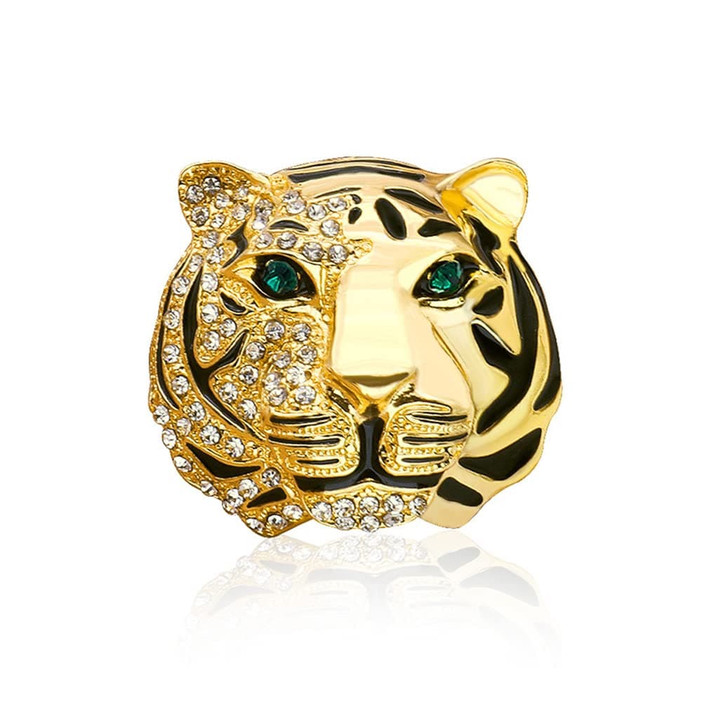 Rhinestone Tiger Head Brooch Pins.Gold Silver Animal Lapel Pin,Charm Lion Coat Collar Brooch for Men Suit Pin