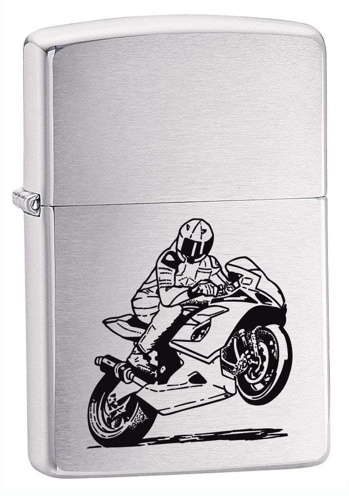 Rutherfords Gifts Personalised Motorbike Racer Brushed Chrome Lighter - Engraved Free with a message of your choosing up to 80 characters!
