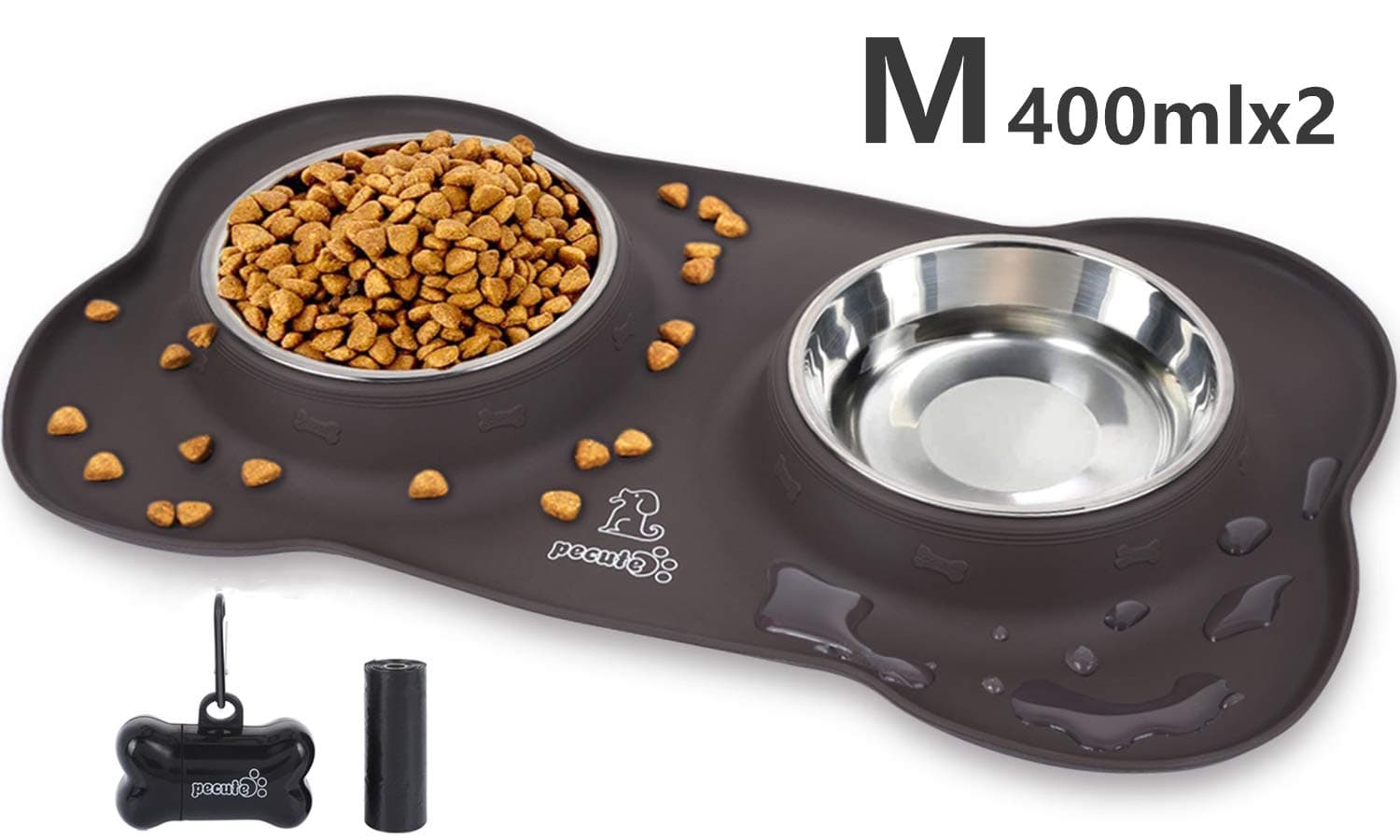 Pecute Dog Bowls Non Slip, Stainless Steel Double Bowls Set with Non-Spill Silicone Mats Tray for Cats Puppies Small Dogs Water Food Feeding (14oz Each Bowl, Brown)