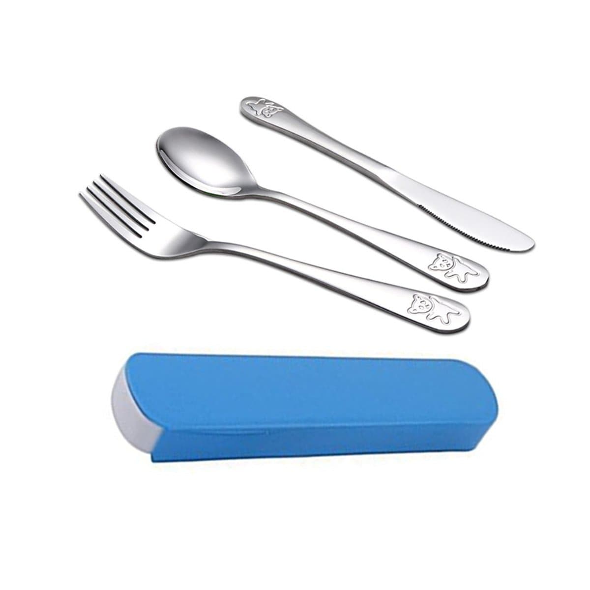 Camping Cutlery Set 3 Pieces Stainless Steel Reusable Cutlery Travel Tableware Set with Blue Case (Blue)