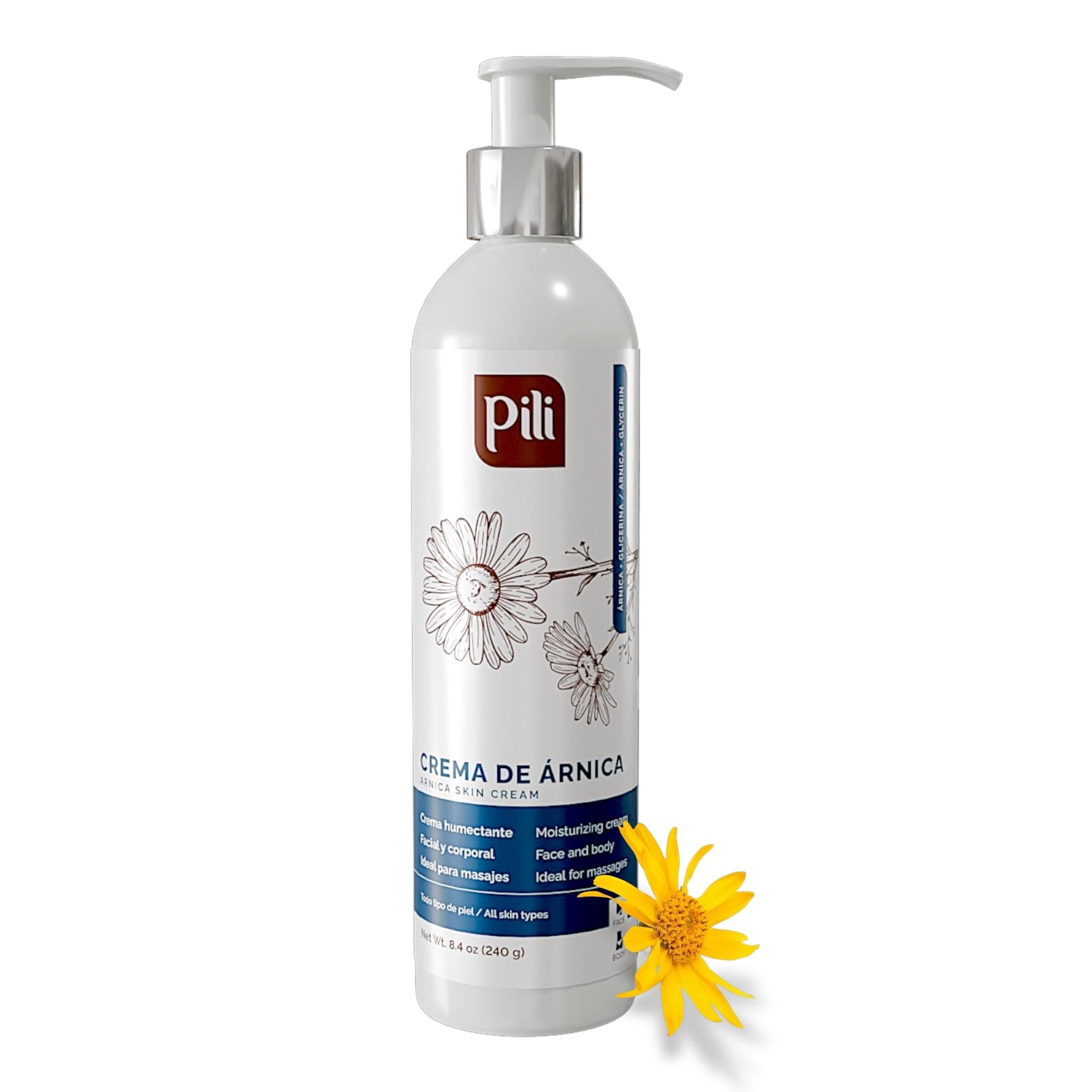 Pili Arnica Cream 8.4 oz. Deep Hydration & Soothing Relief for Dry, Rough Skin & Discoloration. Lightweight Face, Hand & Body Moisturizer – Crema de arnica, Non-Greasy & Fast Absorbing.