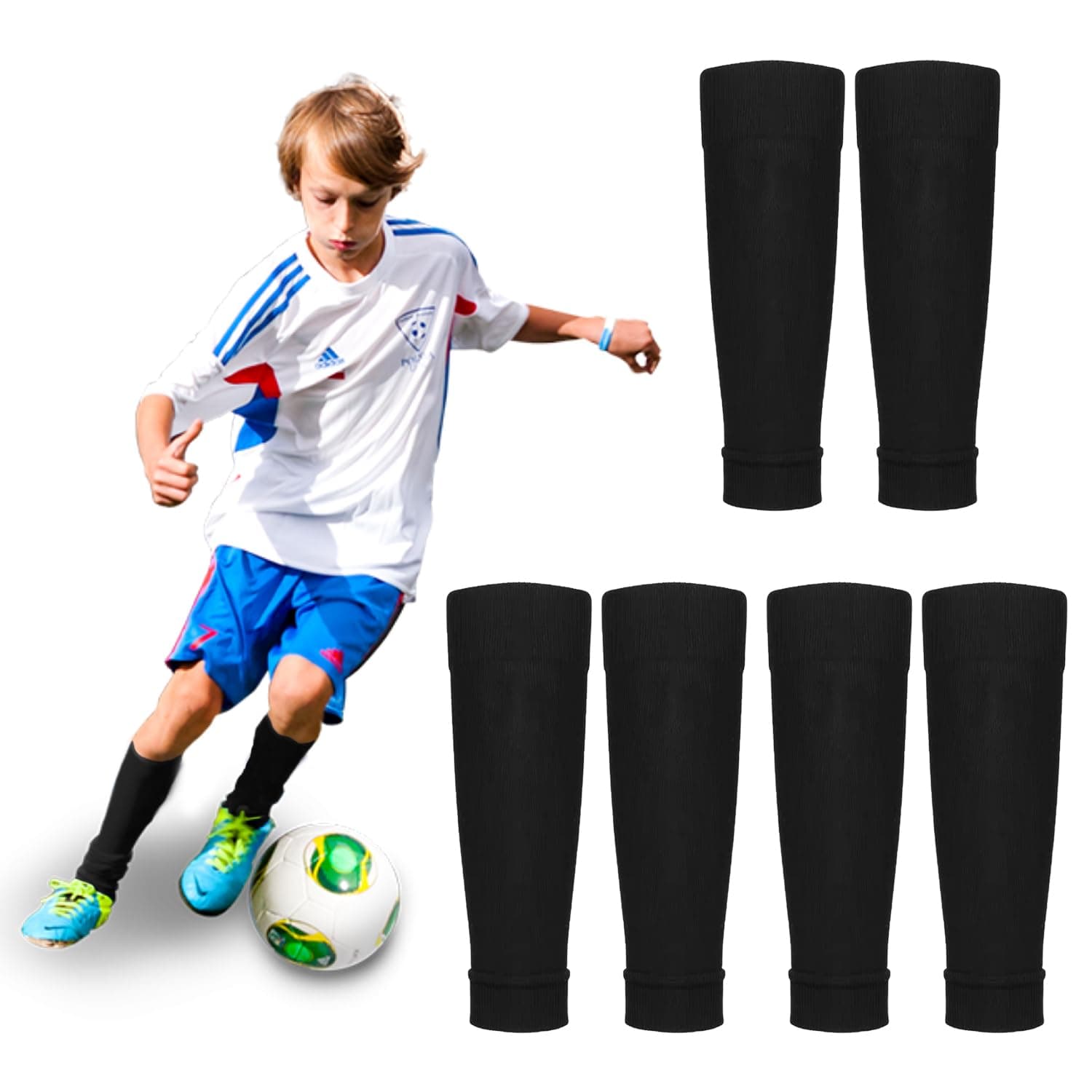 3 Pairs Kids Soccer Shin Guards Sleeves, Elastic Cut Football Socks, Black Team Leg Sleeves Fits Over Shin Pads, for Games Beginner
