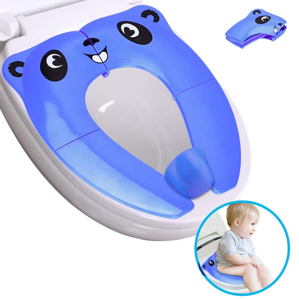 Portable Potty Seat for Toddler Travel, Folding Large Non-Slip Silicone Pads Travel Potty Seat for Toddler, Recyclable Toilet Training Seat Cover with Carry Bag (Blue, 01)