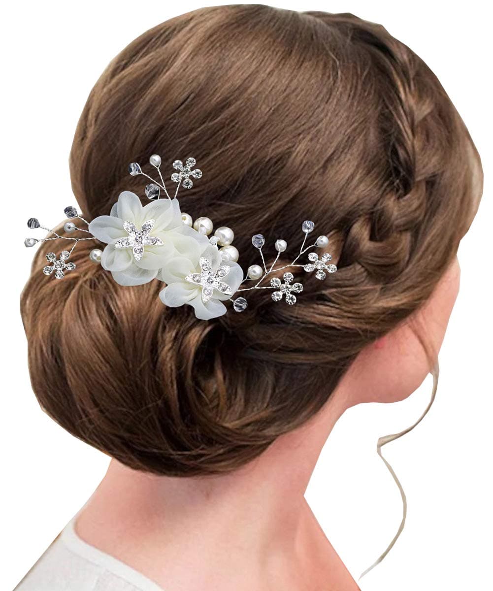 Hair Fascinator Comb - Chicone Ladies Bridal Wedding Prom Flower Hair Clip Headband with Rhinestone Pearls (One size, light beige)