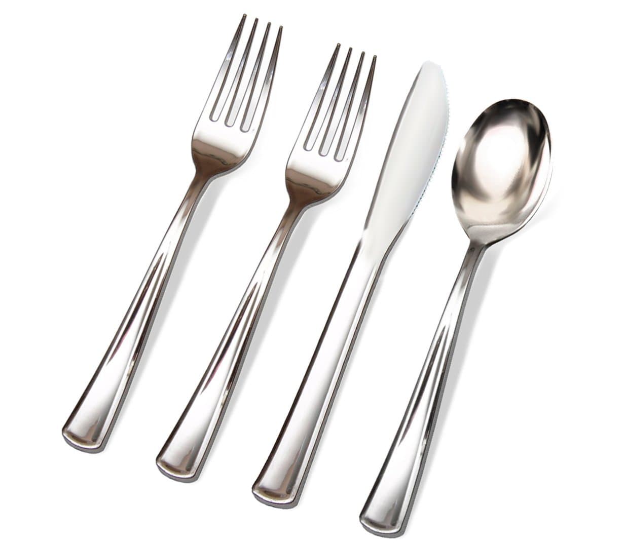 200 Silver Plastic Cutlery Premium Quality Fancy Disposable Silverware Polished, 100 Forks, 50 Knives, 50 Spoons - Heavy Duty Flatware Utensils for Parties, Weddings, and Catering (Silver)
