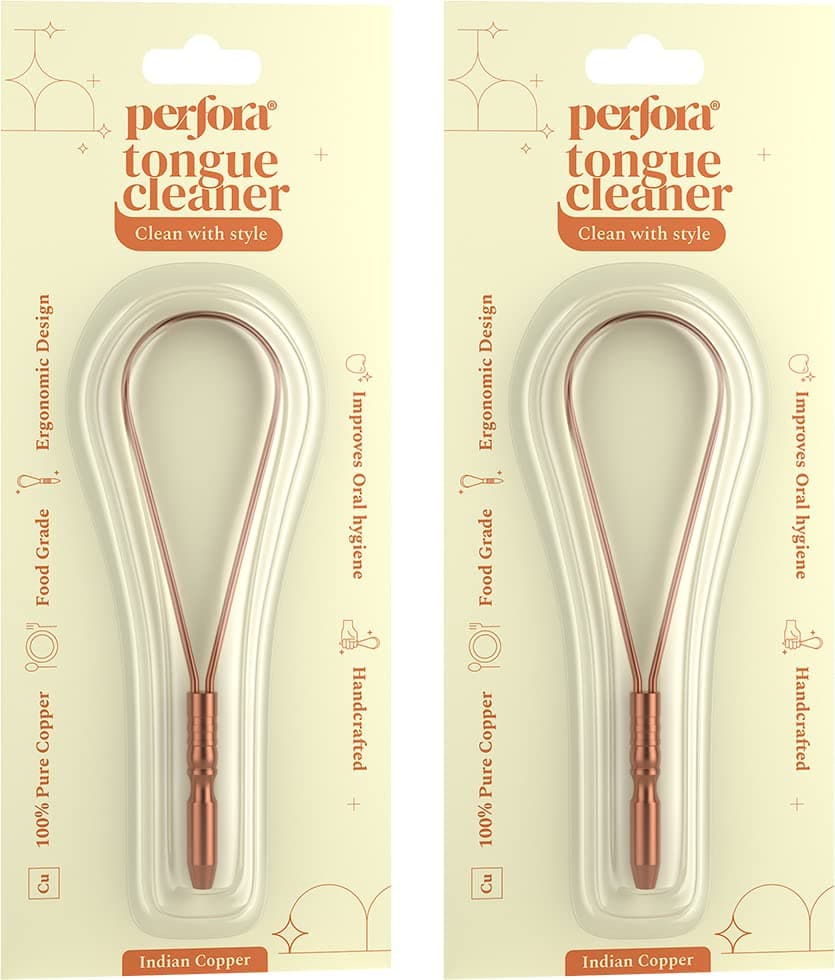 Perfora Copper Tongue Cleaner for Men and Women (Pack of 2) | For Fresh Breath & Bacteria Removal | Improved Taste Sense & Oral Hygiene | Easy to Use | 100% Pure Indian Copper Tongue Scraper