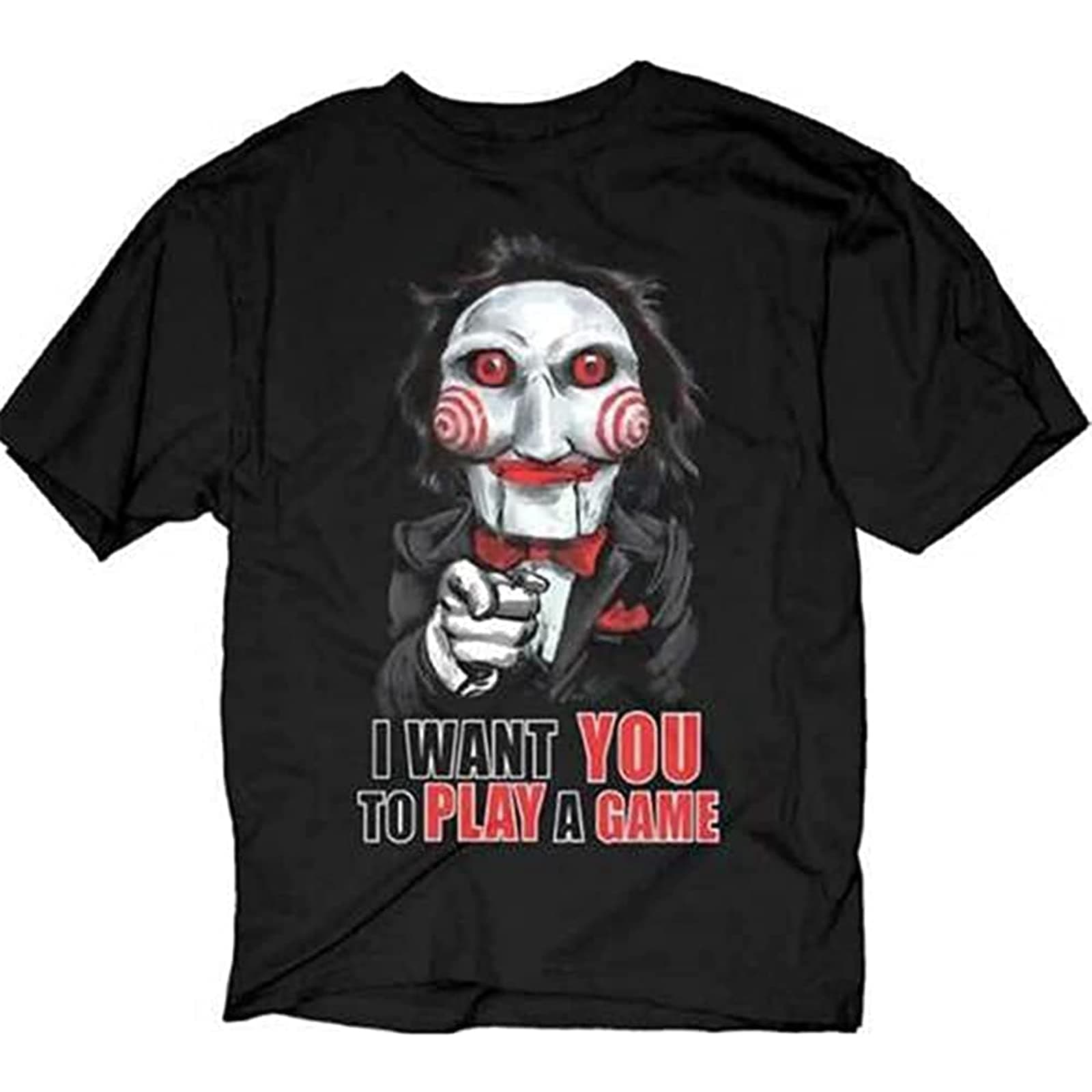 Saw Jigsaw Billy Puppet I Want You to Play a Game Black Mens T-Shirt Size