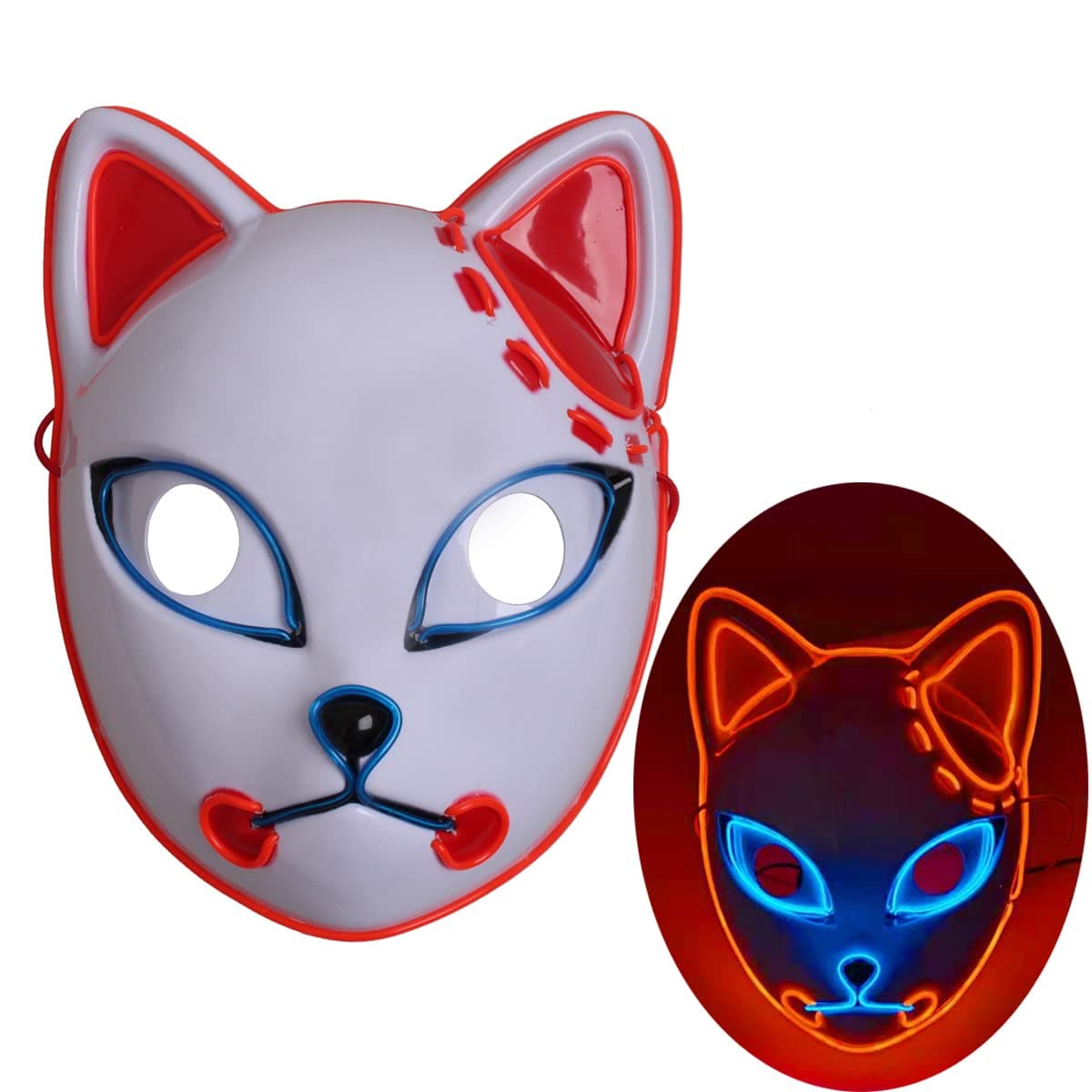 Demon Slayer Mask LED Halloween Mask LED Light Up Glowing Japanese Anime Demon Slayer Cosplay Fox Cat Mask for Halloween
