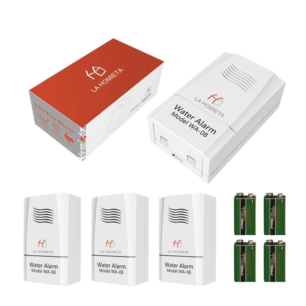 Water Alarm with 6 ft Extended Sensor Sensor for Water Leakage Detection, 110dB Audio Sensitive Flood Alarm, Battery Included, LA Homieta WA08(4 Packs)