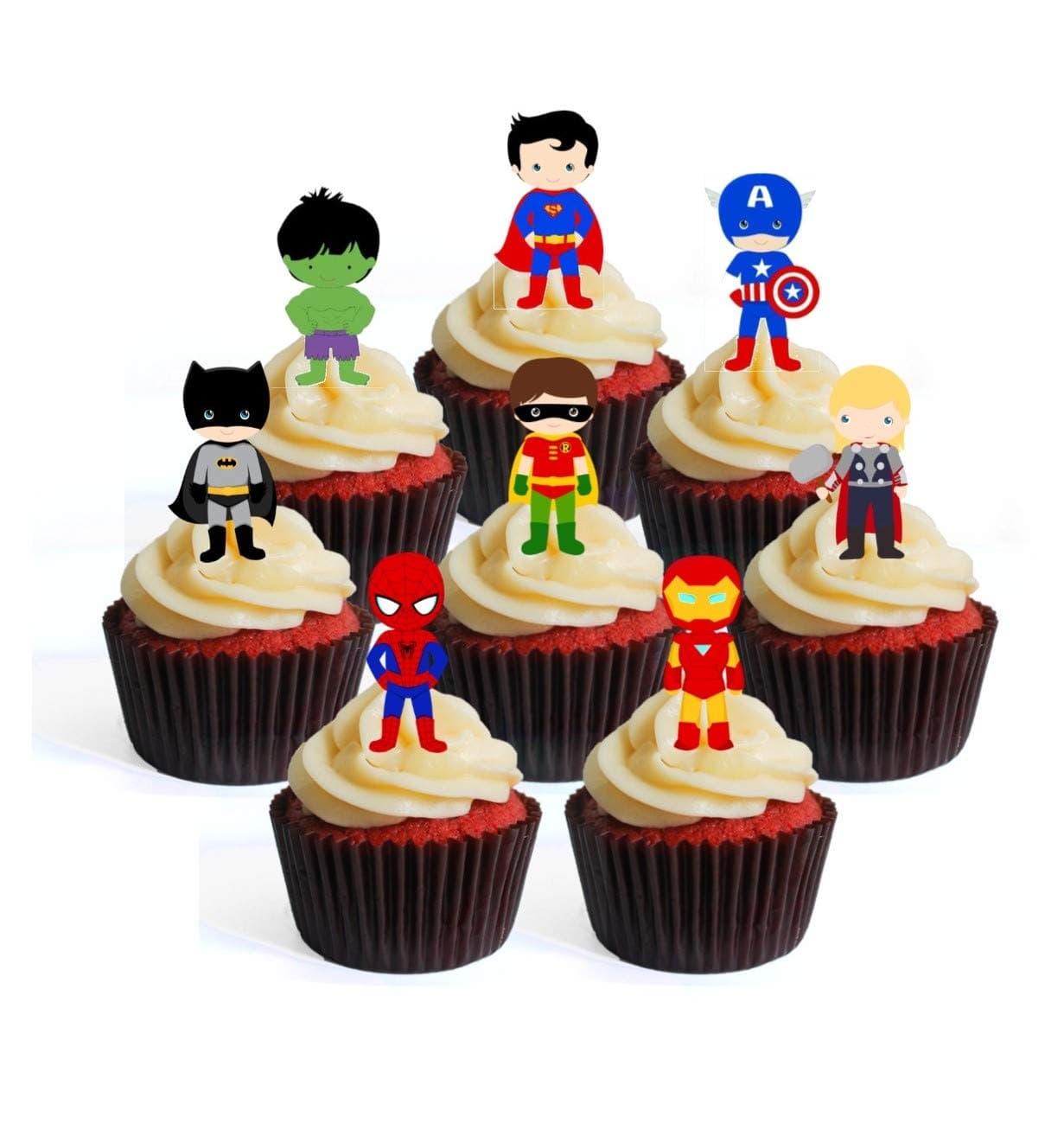 Superhero Theme #1 Edible Cupcake Toppers - Stand Up Wafer Cake Decorations (Pack of 12)