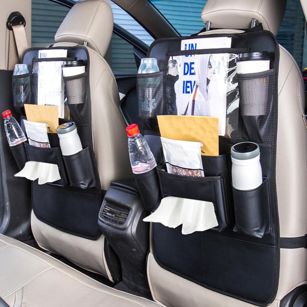 2 Pack PU Leather Premium Car SeatBack Organizer Travel Accessories, Kick Mats Back Seat Protector with Touch Screen Tablet Holder, Car Back Seat Organizer for Kids, Car Travel Accessories