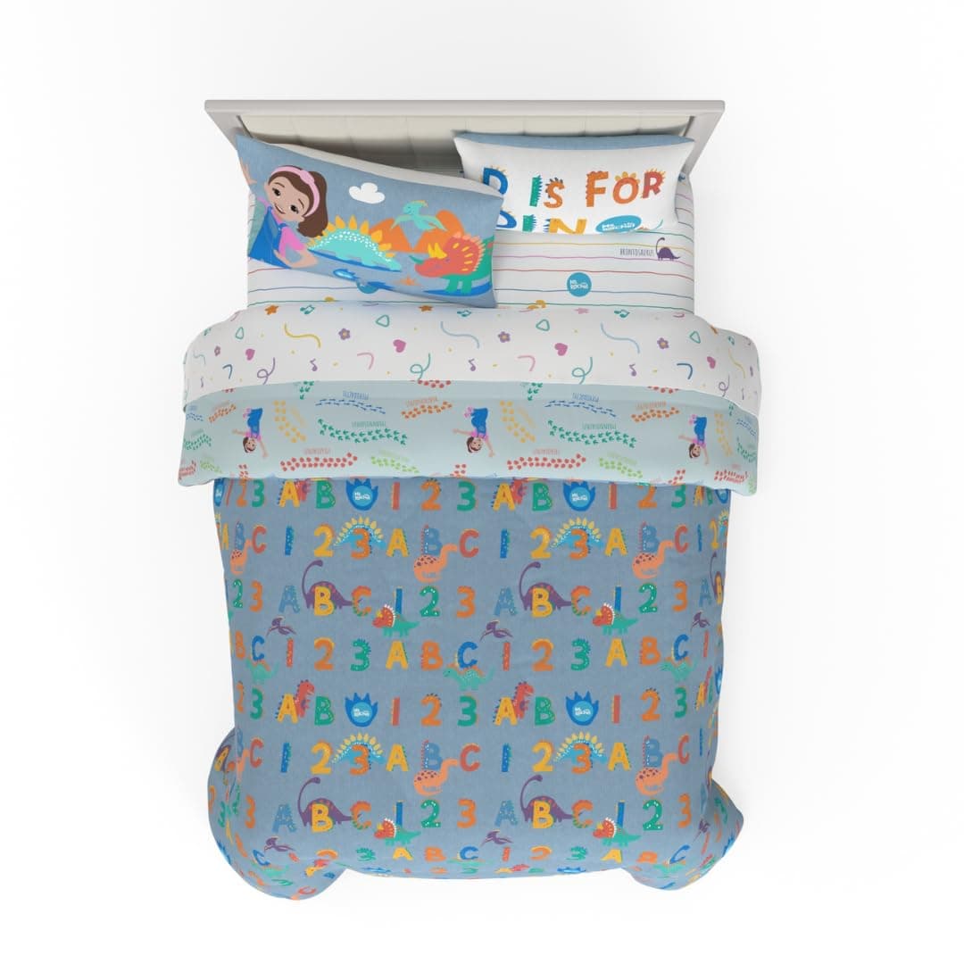 Ms. Rachel Educational Adventures Dino Learning Kids Bedding Super Soft & Cozy Reversible Microfiber Comforter and Sheet Set, 7 Piece Full Size, (Officially Licensed Product) by Franco