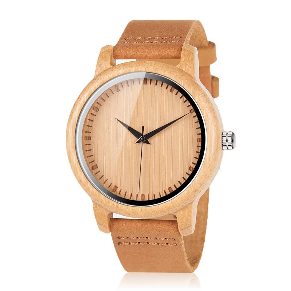 Men's Women's Bamboo Wooden Watch with Brown Cowhide Leather Strap Analog Quartz Casual Watches