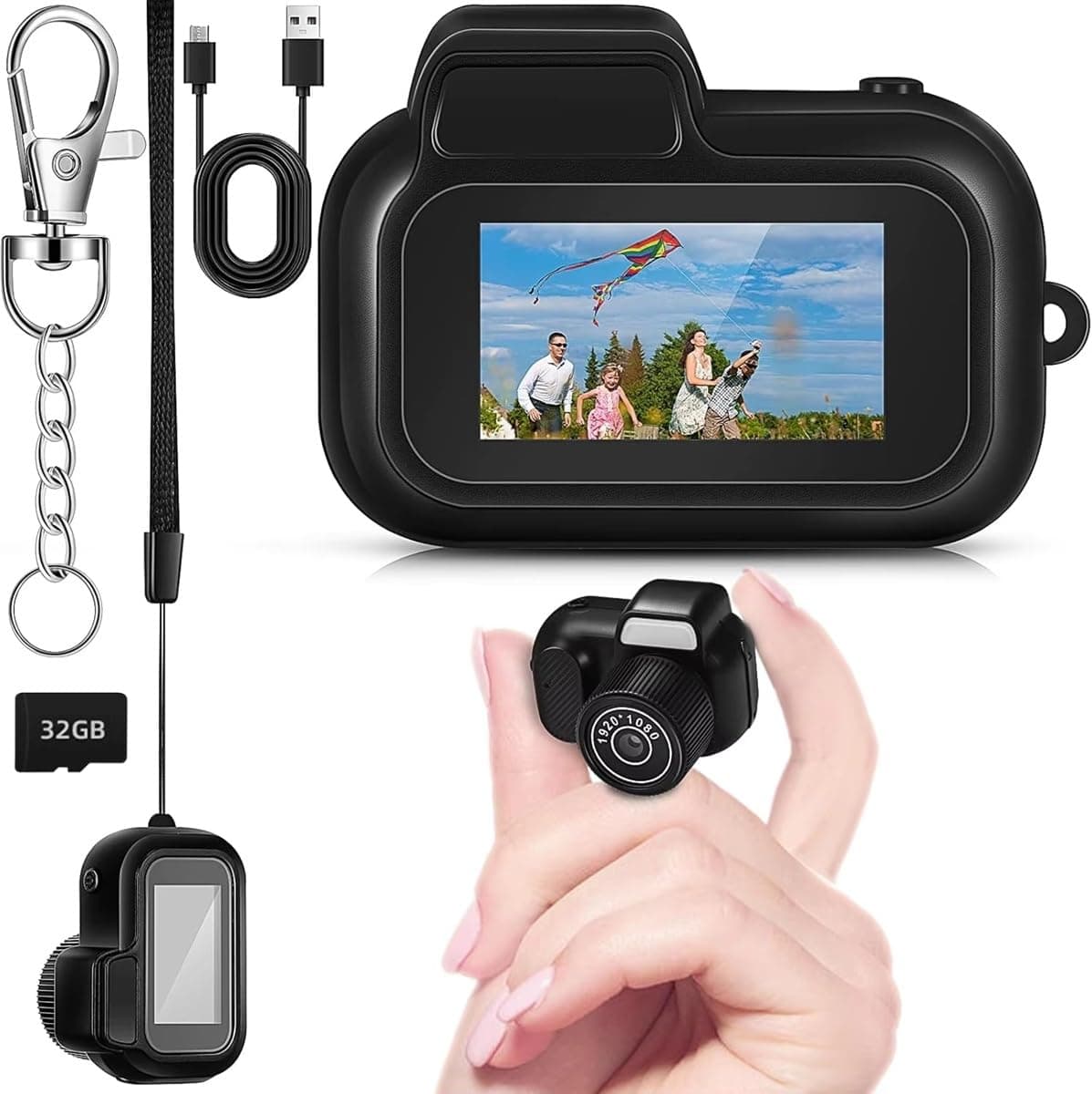 Mini Keychain Digital Camera with 32GB Card 2MP 0.96" 1080P Display Pocket Size Long Battery Life Portable Small Tiny Video Recorder for Travel Party Fun Vlog Gifts Recording Vlogging Beginners