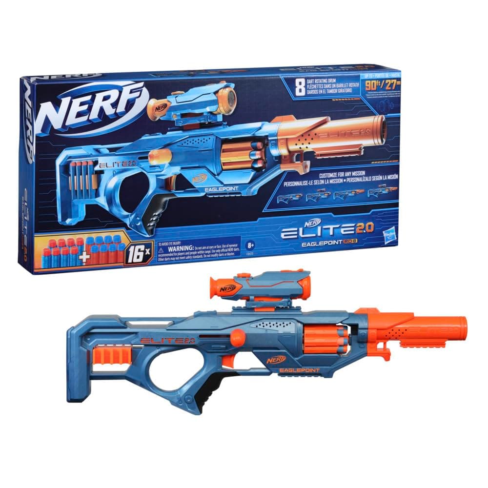 Elite 2.0 Eaglepoint RD-8 Blaster - 8-Dart Drum, Detachable Scope and Barrel, 16 Official Nerf Elite Darts, Bolt Action
