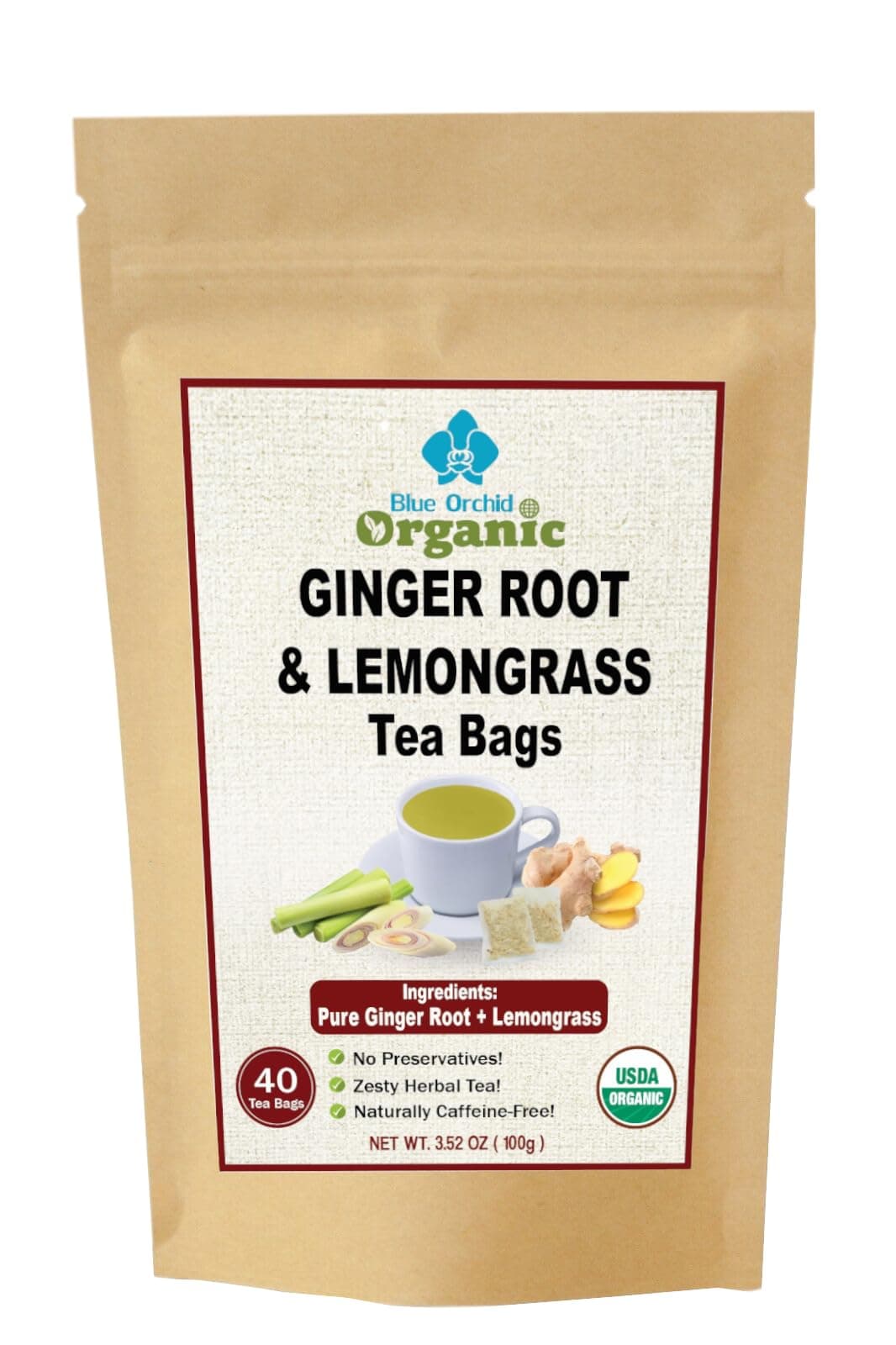 Organic Ginger Root and Lemongrass Tea Bags - Zesty Superfood Herbal Drink - Caffeine Free - 40 Natural Corn Fiber Sachets