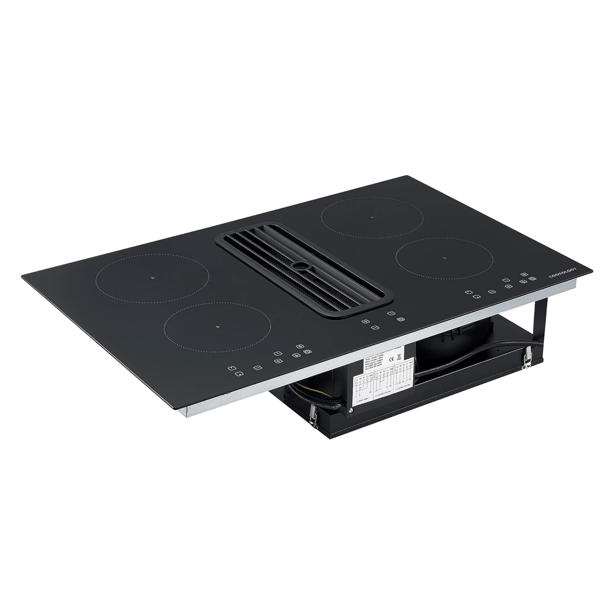 Cookology CIHDD800 80cm Electric Induction Hob in Black - 4 Cooking Zone - Built-in Downdraft Extractor Fan with 3 Speeds - Child safety Lock - Touch Control Panel