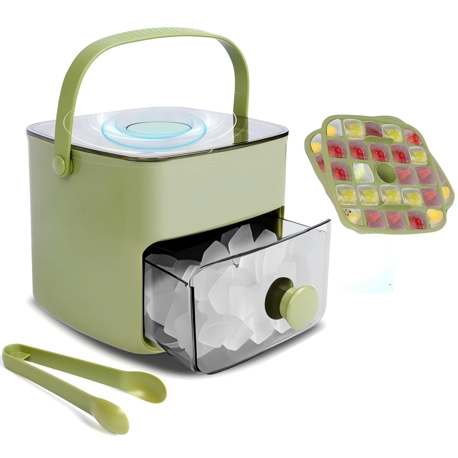 Ice Cube Tray with Lid & Bin Ice Maker for Freezer Ice Trays Ice Container- Ice Molds for Whiskey, Cocktail, Coffee Drinks, Beer with Ice Tongs Kitchen Gadgets Tools (Green)