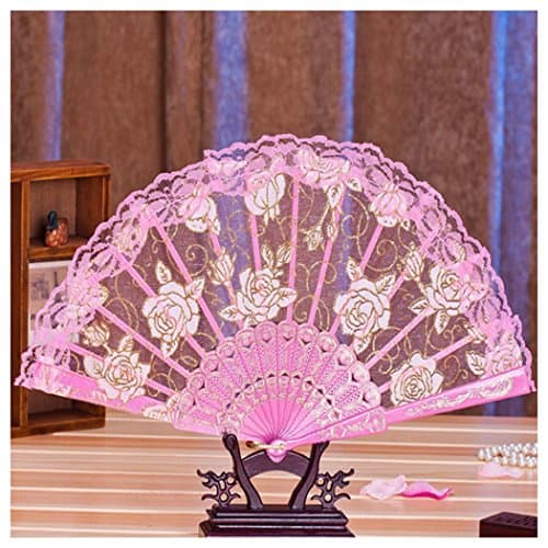 InKach Folding Hand Held Fans, Multi-Color Floral Folding Fan for Dance Wedding Lace Flower Folding Hand Fan (Pink)