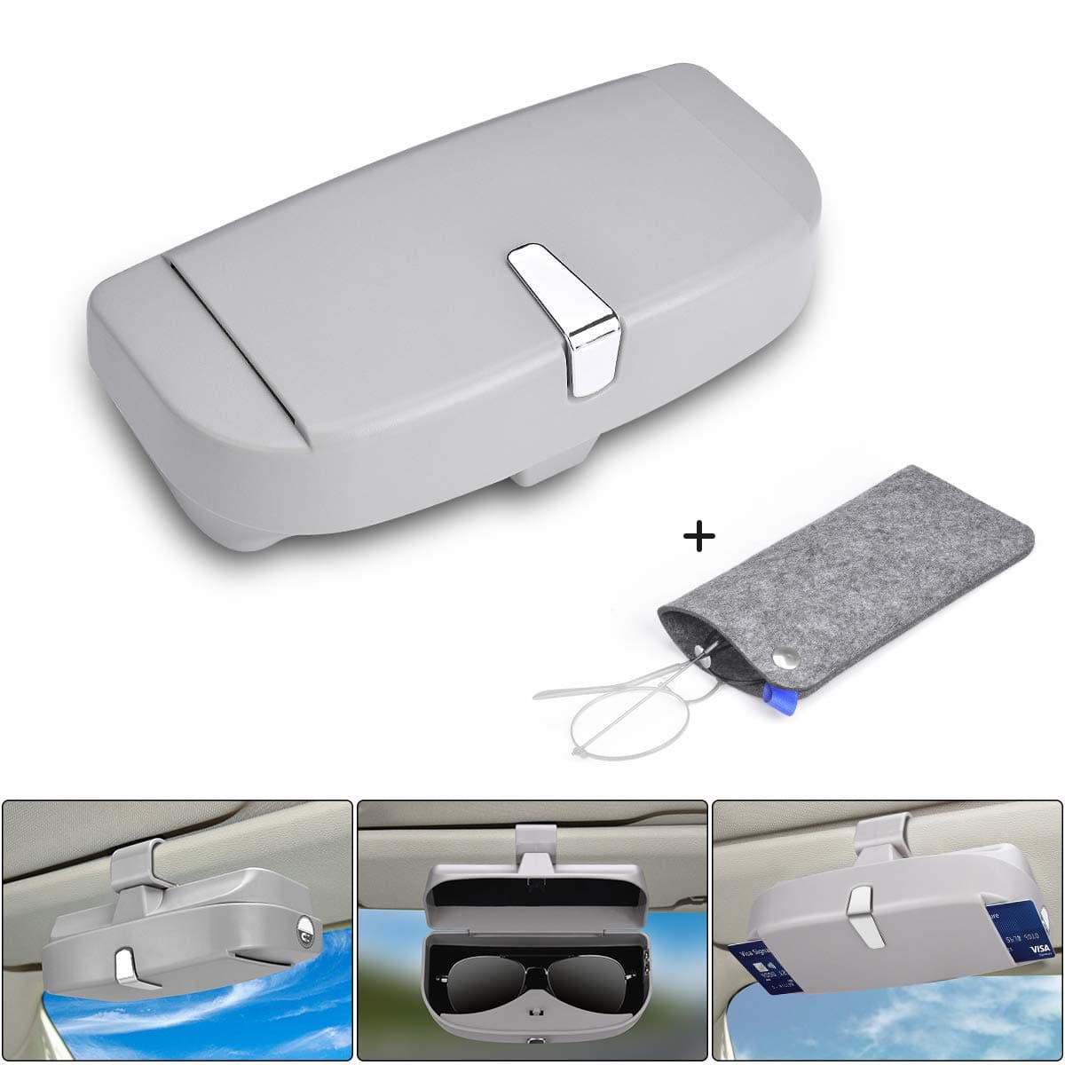 extremade Glasses Holder for Car Sun Visor, Universal Car Sunglasses Eyeglasses Case Storage Box Organizer With Card Holder + Glasses Storage Bag, Car Glasses Holders-Gray