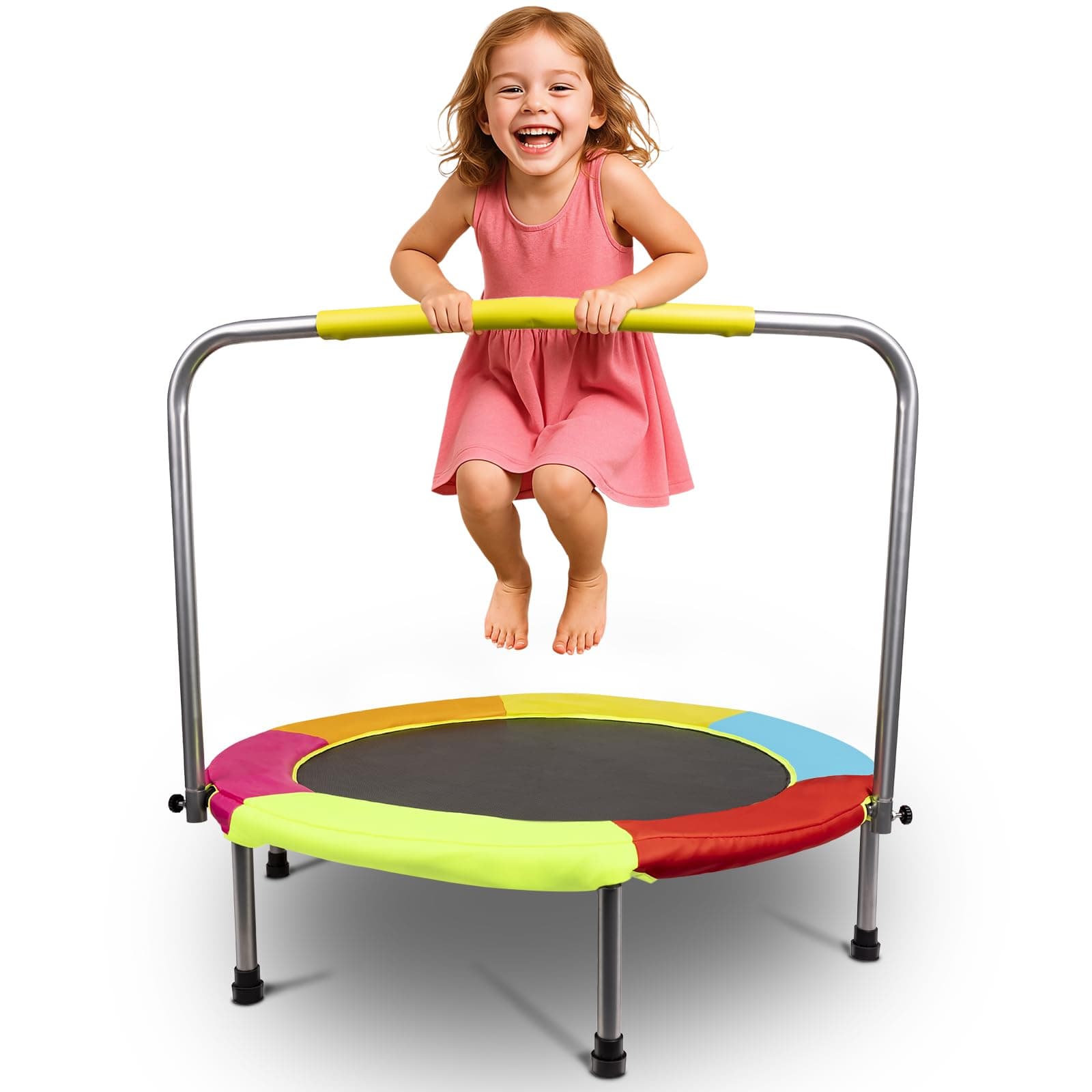 HLC 37 Inch Foldable Toddler Trampoline with Safety Handle - Indoor Outdoor Mini Trampoline for Kids, Max Weight 60kg/132lbs
