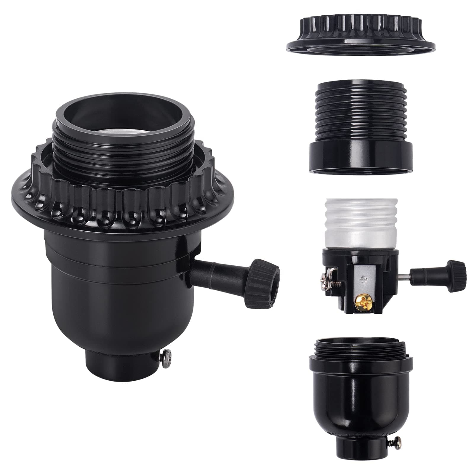 DiCUNO UL Listed E26 Lamp Socket Replacement, Turn Switch Knob ON/Off, Threaded Medium Base Light Socket with Lamp Shade Ring for Table, Floor Lamp Repair Kit, Black, 1-Pack