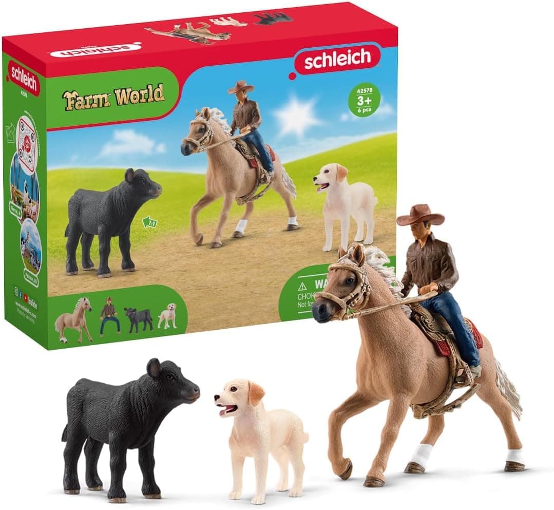 Farm World - 6PC Rodeo Calf Adventure Playset - Cowboy Rider Figurine with Horse Figure, Cow and Dog - Realistic Western Rodeo Farm Toys and Accessories - Kids and Toddlers Ages 3+ | 42578