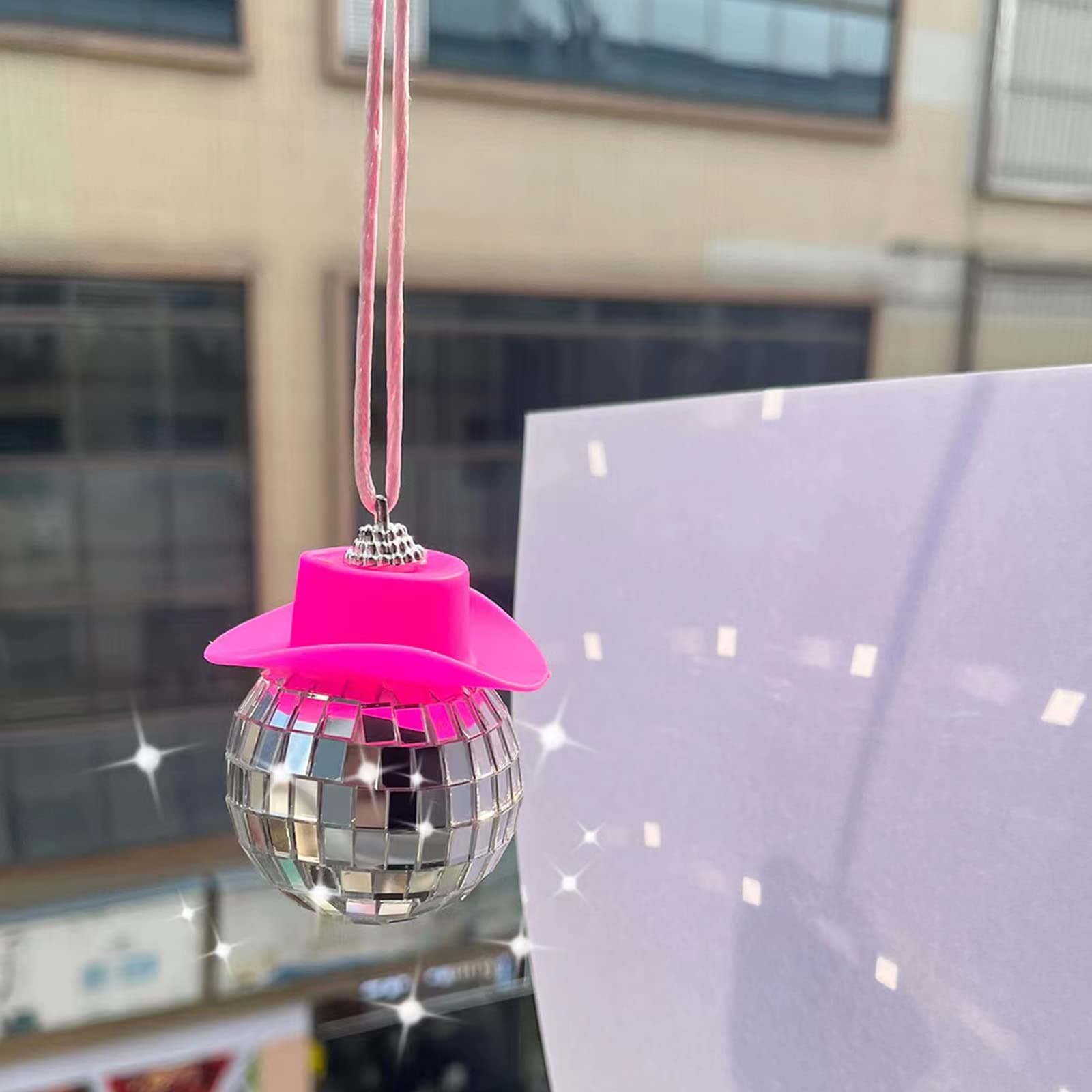 spansee Pink Disco Ball Car Accessory,Car Disco Ball,Pink Car Accessories for Women,Disco Car Charm,Disco Ball Car Mirror Ornament,Mini Disco Ball for Car,Car Disco Ball Decor,Disco Cowgirl Car Charm
