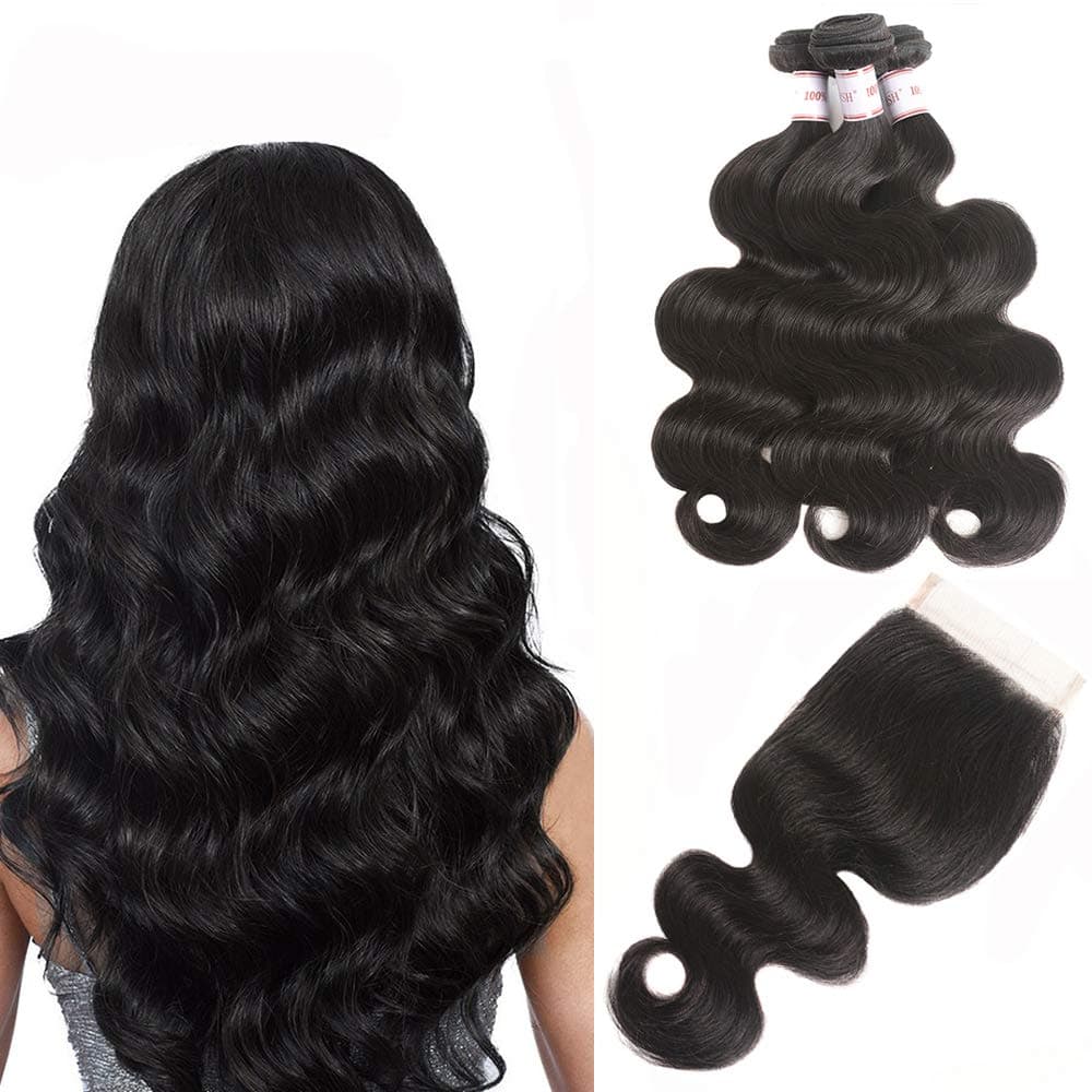 Karbalu Hair 10A Brazilian Body Wave Bundles with Closure Brazilian Virgin Hair 3 Bundles 100% Unprocessed Human Hair Weave with Lace Closure Virgin Body Wave Hair Extensions (20 22 24+18" Closure)
