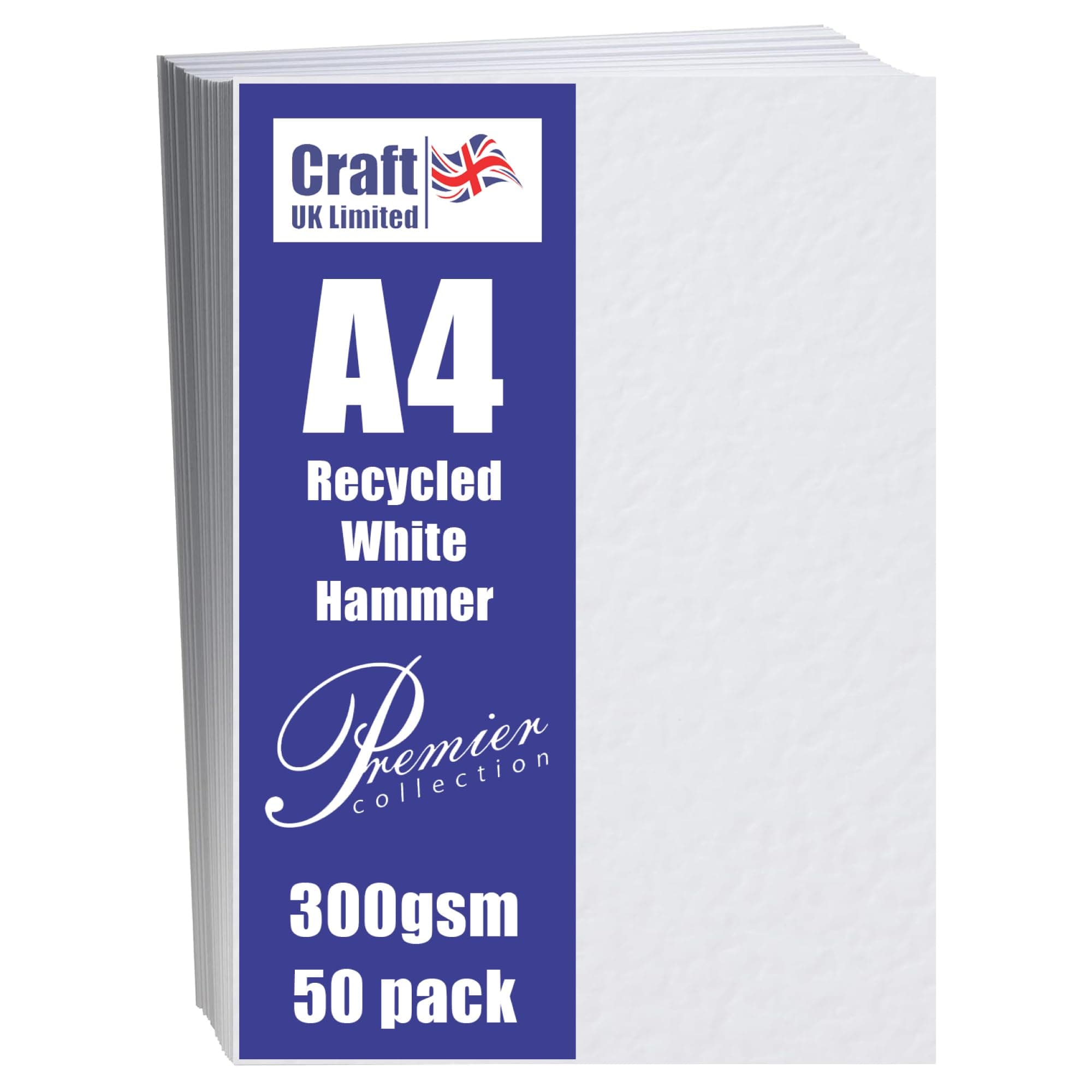 Craft UK, 50 A4 Card, Recycled Hammered Cardstock Paper for Invitations and More, 300gsm, Made in The UK, Lasting Quality, White