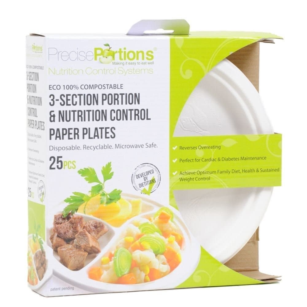 Compostable Starter Plates, 100% Disposable Dinnerware, Made from Natural Bamboo Fiber, Dietitian Developed for Diabetics, Weight Loss & Management Aid (Pack of 25)