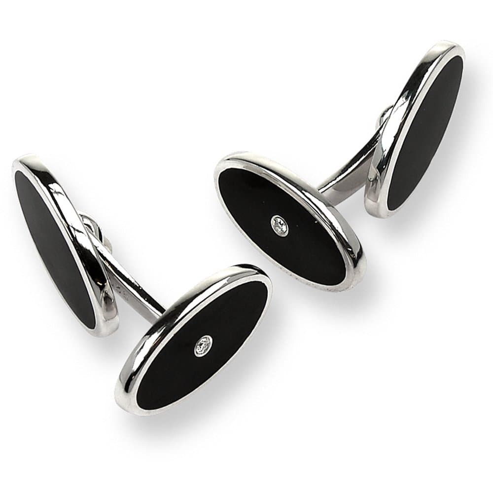 Nicole Barr Sterling Silver Black Enamel Diamond Oval Elbow Cufflinks (0.035 cttw, H-I Color, I1 Clarity)