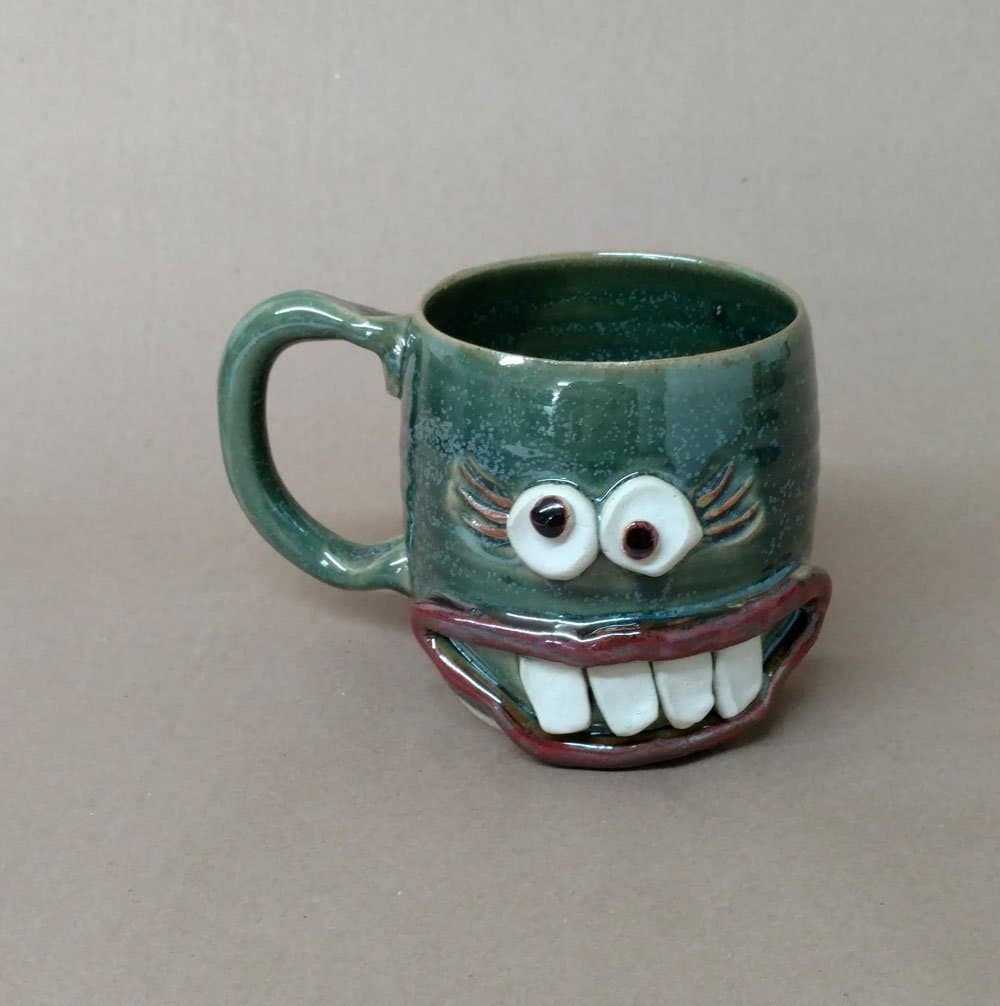 Ug Chug Coffee Cup. Girly Face Lash Mug. Stressed Out Woman Mug for Mom Wife Girlfriend. Medium 14-18 Ounces in Green. Handmade Microwave and Dishwasher Safe Stoneware Pottery.