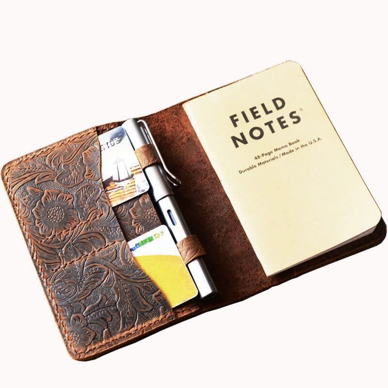Leather Journal Cover for Moleskine Cahier Notebook Pocket size with pen holder 3.5" x 5.5" Field Notes Cover Vintage Refillable- 303 - Tooled Brown