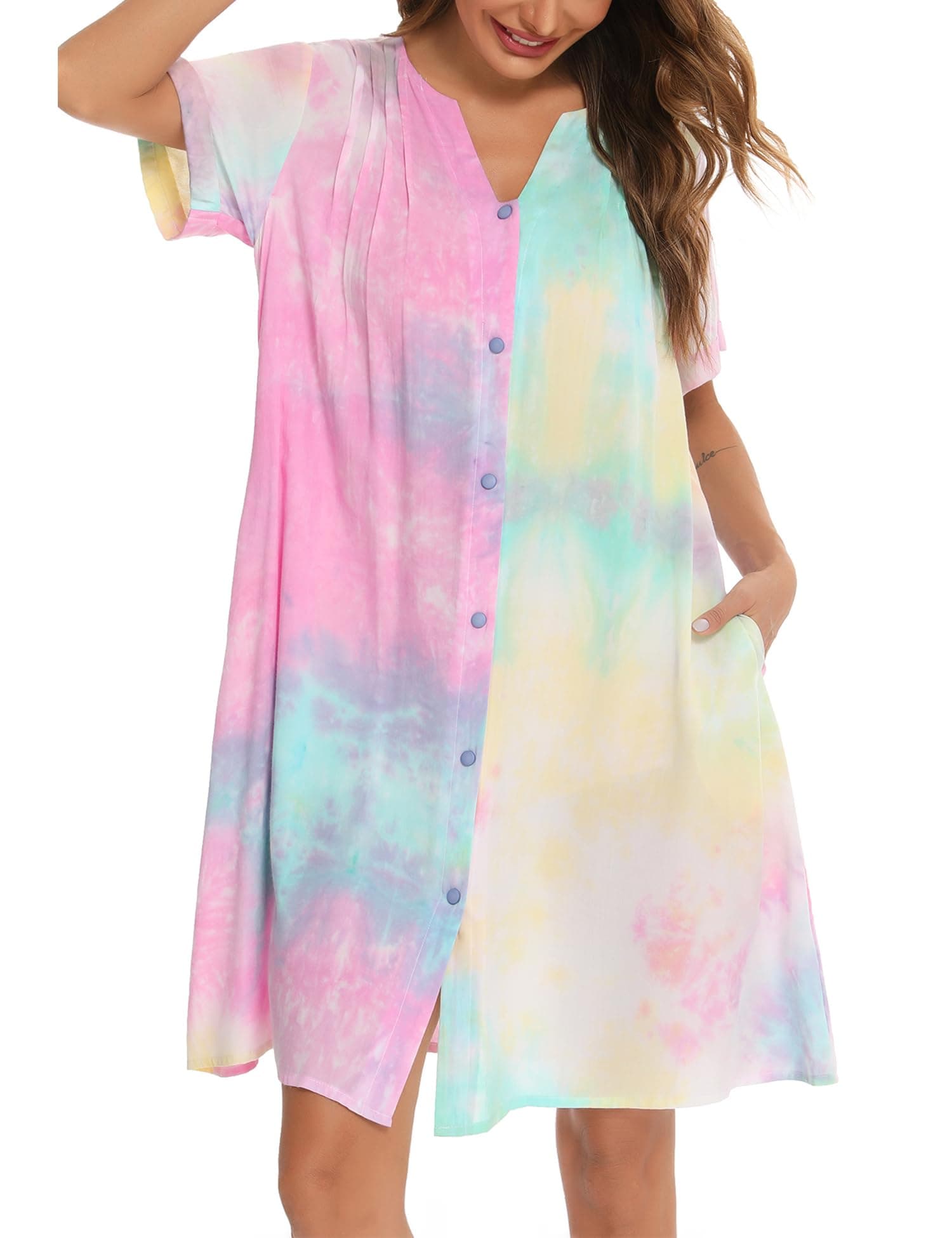 House Dress Women Cotton Duster Robe Short Sleeve Housecoat Button Down Nightgown