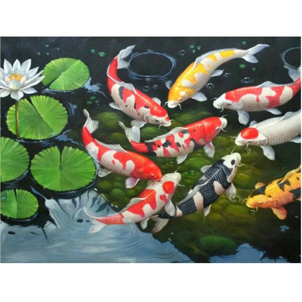Semoic Handicrafts Diamond Embroidery Carp Pond DIY Diamond Painting Fish Koi and Lotu Flower View Cross Stitch Rhinestone