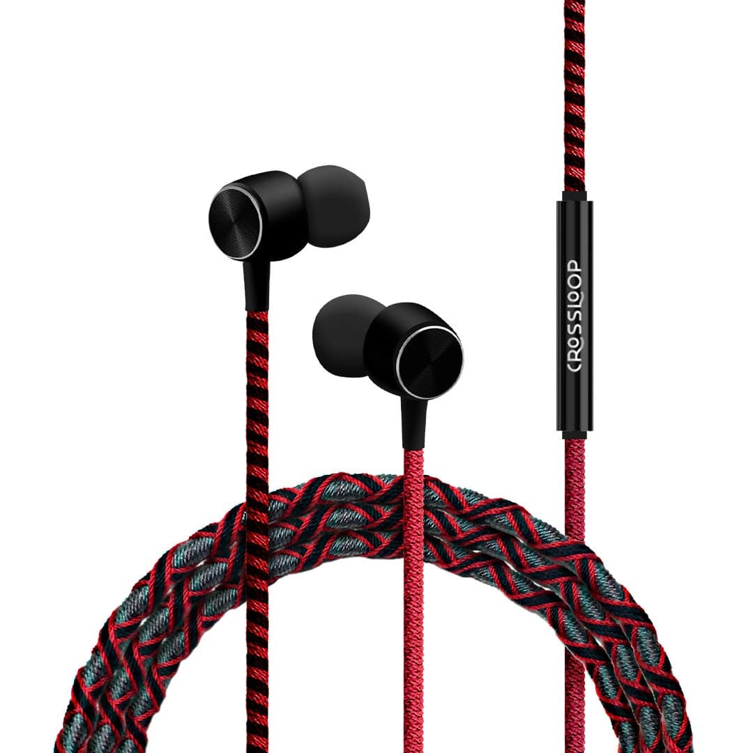 Crossloop Pro Series Braided Tangle Free Designer Wired in Ear Earphone with Metallic Driver 3.5mm for Extra Bass, with mic, Red & Black
