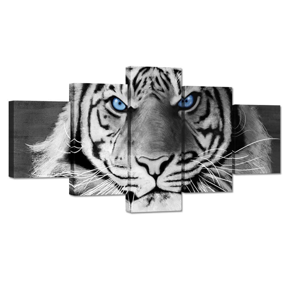 iHAPPYWALL Large 5 Pieces Tiger Animal Canvas Wall Art Tiger Face Blue Eyes Black and White Wildlife Picture Print on Canvas for Modern Home Living Room Decor Ready to Hang