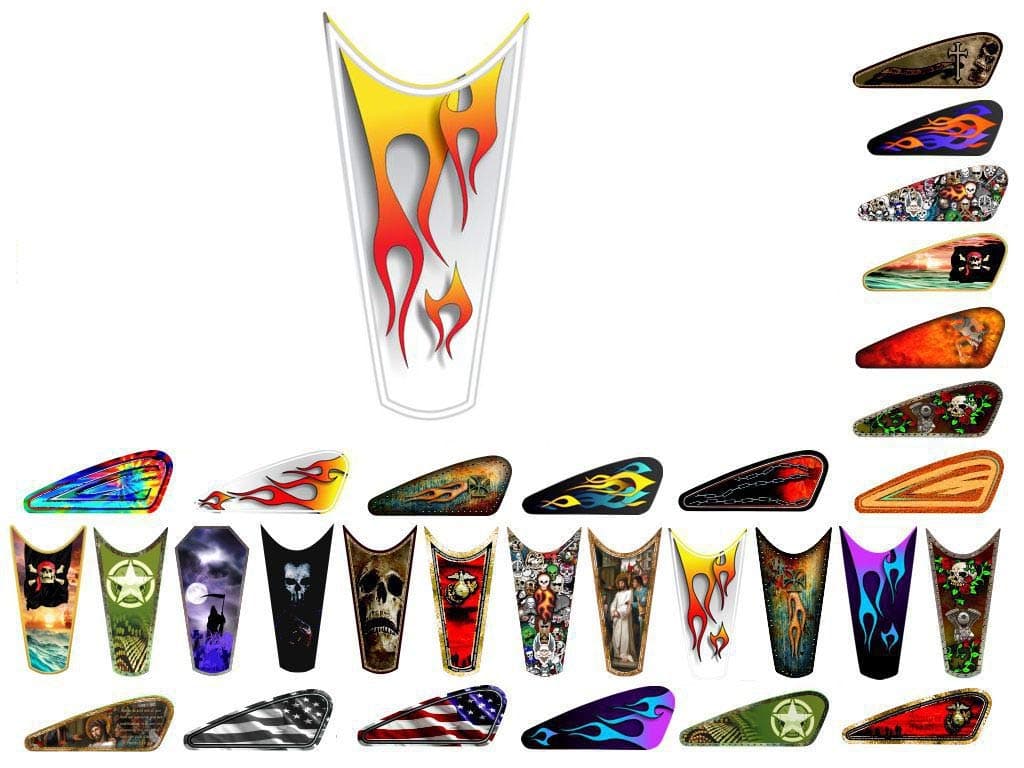 Motorcycle Gas Tank Decals/Sets - for Harley Davidson Sportster Honda Shadow Suzuki Kawasaki Indian Yamaha (Tribal Flames - Fire on White- 1pc Top Tank Decal)