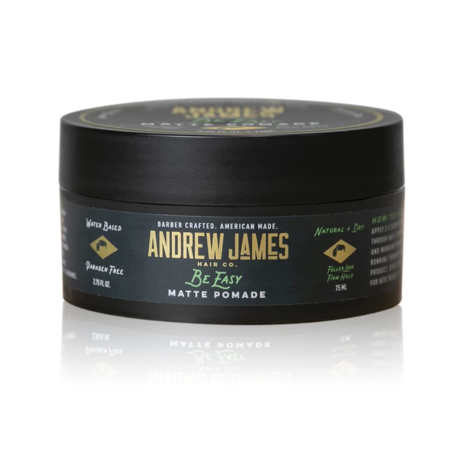 ANDREW JAMESMatte Pomade | Be Easy | 2.75 Ounce | Strong Hold | Matte Finish | Natural Look | Provides A Fuller Look | Easy To Wash Out | Made In the USA