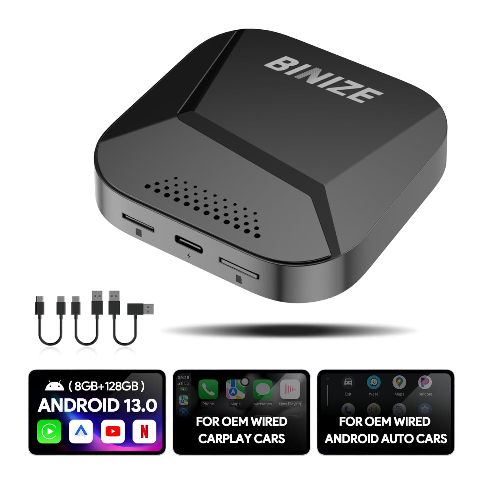 - Binize Android 13 Carplay Ai Box Streaming 3.0 Wireless CarPlay/Android Auto Only Support Car OEM Wired CarPlay/AndroidAuto 8-Core (8G+128G)