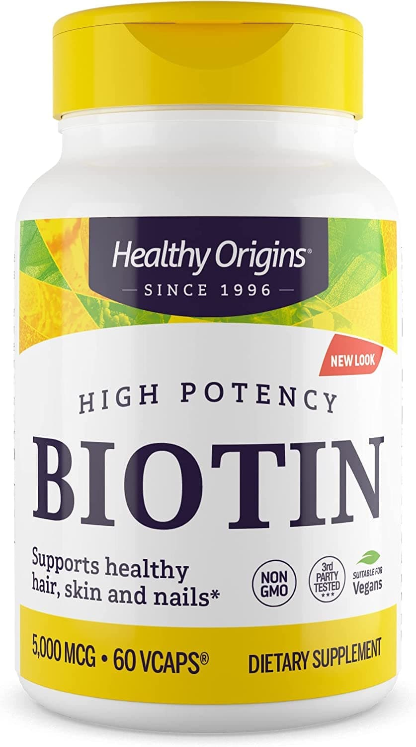 Healthy Origins Ultra-Potency Biotin (B7), 5,000 mcg - Supports Skin, Hair & Nails - High-Grade Vitamin B7 - Non-GMO, Gluten-Free Biotin for Vegans - 60 Veggie Capsules