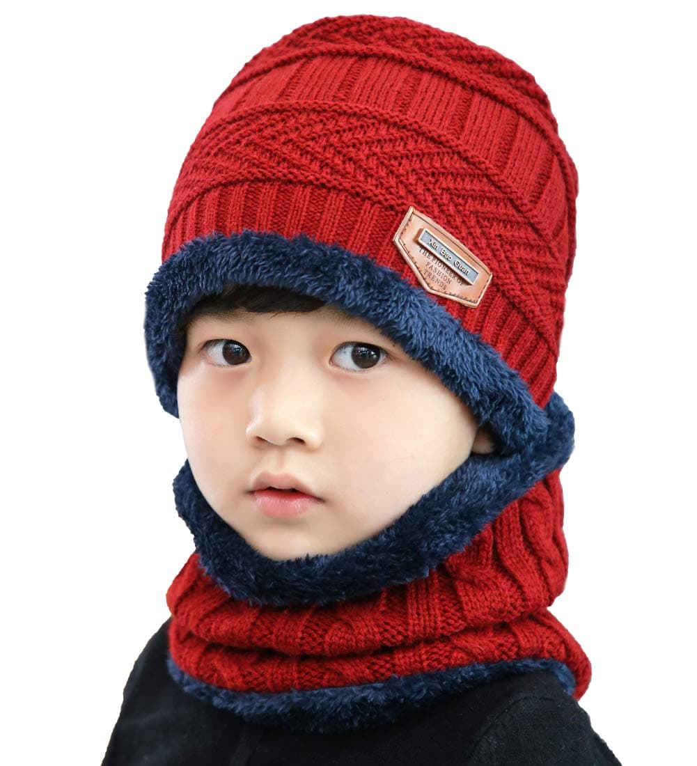 T WILKER 2Pcs Kids Winter Knitted Hats+Scarf Set Warm Fleece Lining Cap for 5-14 Year Old Boys Girls