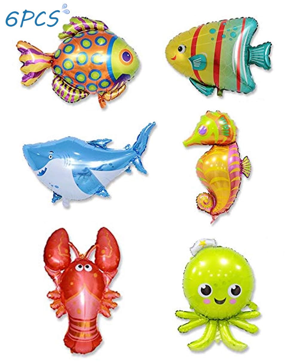 Ocean Theme Mylar Foil Aluminum Balloons 6 Pieces Sea Animals Cartoon Balloons Creatures Tropical Fish Balloons for Kids Birthday Party Decoration Supplies