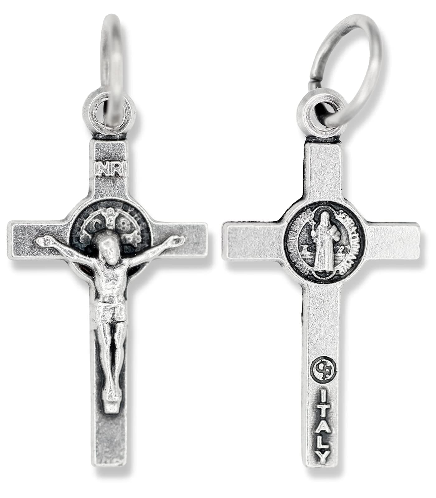 Caritas et Fides Bulk Pack of 10 - Small Saint Benedict Crucifix Crosses - 7/8 Inch Silver Oxidized Catholic Cross Charms for Jewelry Making Charm Bracelets, Dainty Cross Necklace, Made in Italy